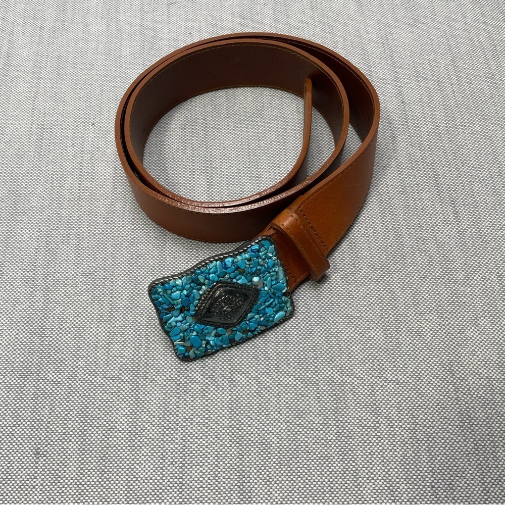 Avignon Vintage Turquoise Pebbles and Metal Large Buckle Leather Belt
